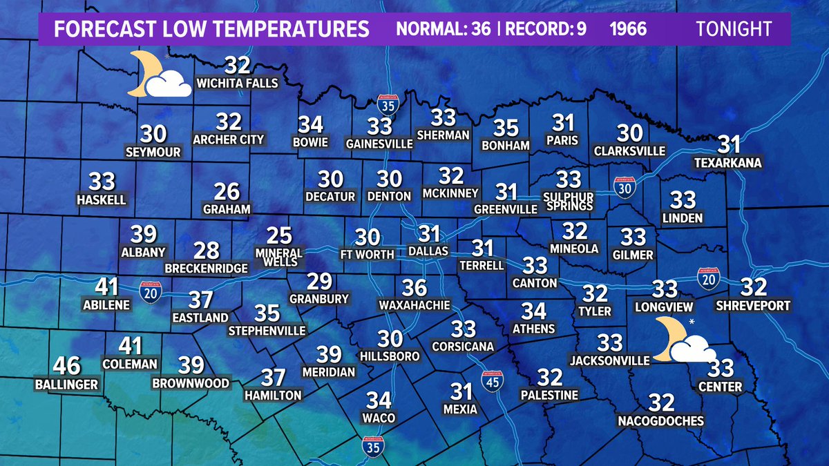 wfaaweather's tweet photo. How about ANOTHER freeze?? Sunday morning starts off with freezing temps, but the afternoon rebound into the low 60s will be nice! #wfaaweather https://t.co/97YPF5erLx