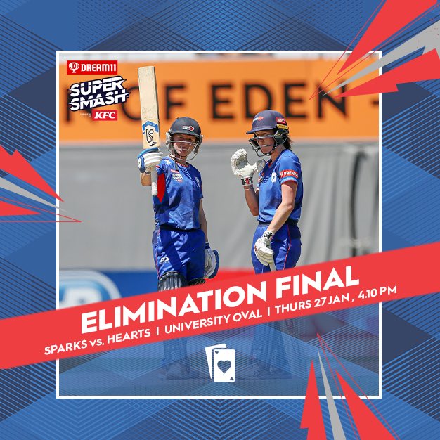 LOCKED IN | The HEARTS will head south to take on the Sparks in the <a href="/SuperSmashNZ/">Dream11 Super Smash</a> Elimination Final! 

This Thursday, our campaign continues.

#FollowSuit 🔵🏏