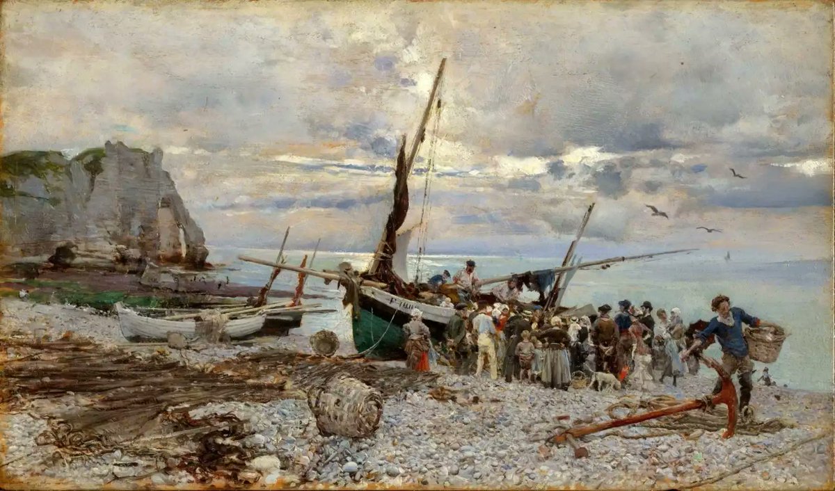 esstewart's tweet photo. #GiovanniBoldini ‘Return of the #Fishing #Boats, Étretat’ 1879 #art #painting #France #ocean #clouds #landscape #realist #Italy @the_clark https://t.co/ixjRvqAj6i