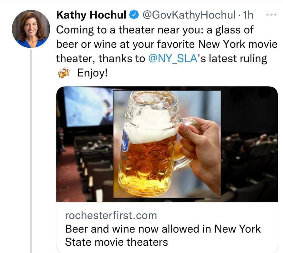 AnnaLogue75's tweet photo. #cheers to #CocktailKath for another COMPLETELY unnecessary "improvement" for New Yorkers.
But you can go the theatre without a pocket flask now - FANTASTIC!!
#Congratulations #WellDone
#ResignHochul #corrupt #VoteThemAllOut2022 https://t.co/NQT0Y1QoR6