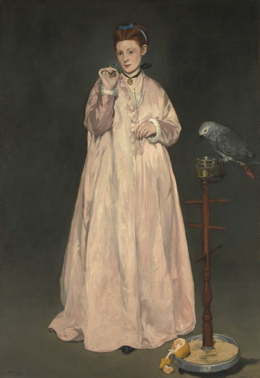 Edouard Manet - Young Lady in 1866 (1866)

Recent scholars have interpreted it as an allegory of the five senses: the nosegay (smell), the orange (taste), the parrot-confidant (hearing), and the man’s monocle she fingers (sight and touch).