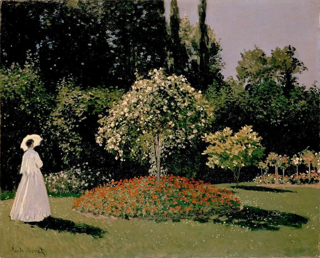 Claude Monet - Garden at Sainte-Adresse (1867)

By adopting an elevated viewpoint and painting the terrace, sea, and sky as three distinct bands of high-keyed color, Monet emphasized the flat surface of the canvas. His approach reflects his admiration for Japanese prints.
