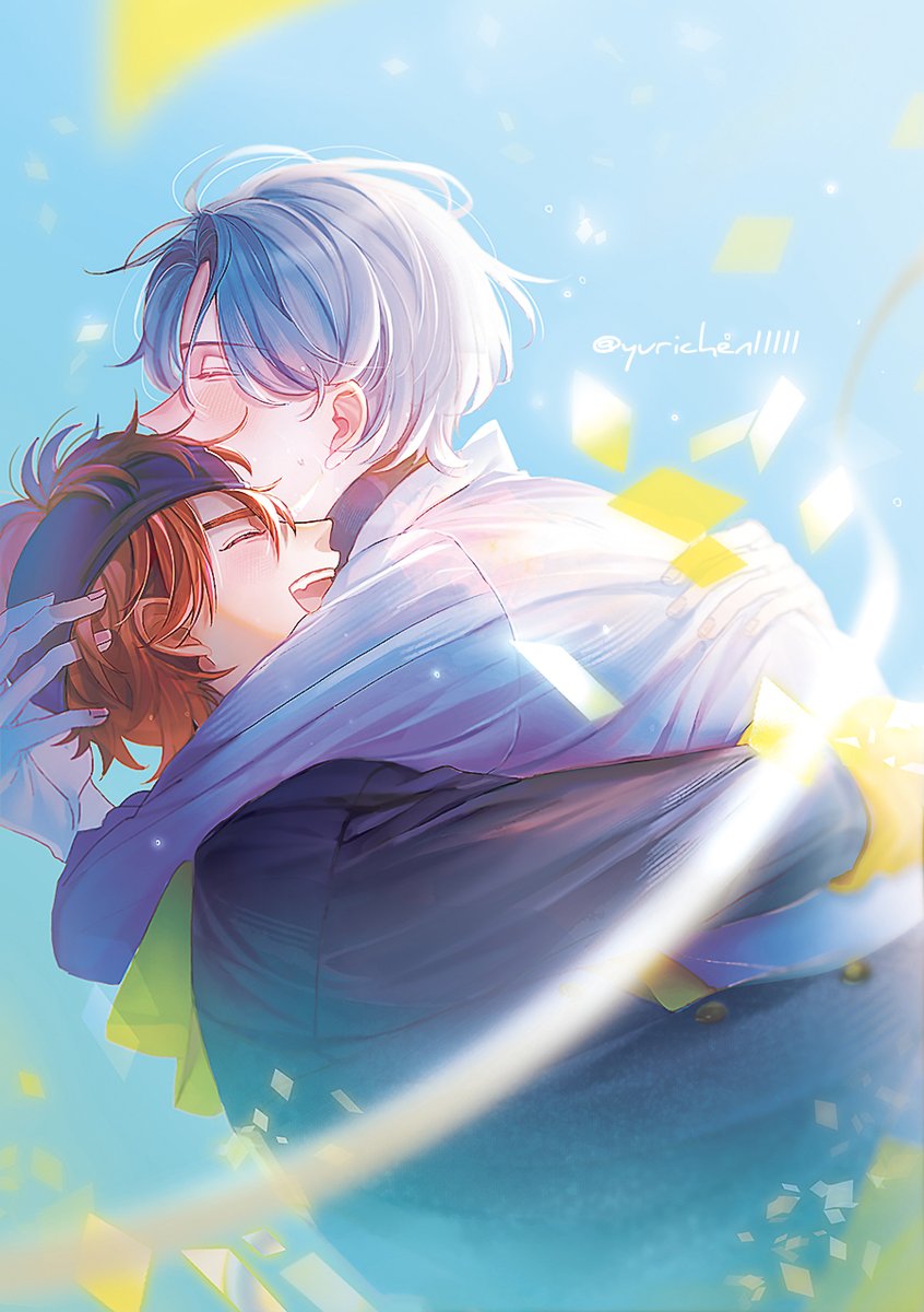 2boys multiple boys male focus closed eyes blue hair headband hug  illustration images