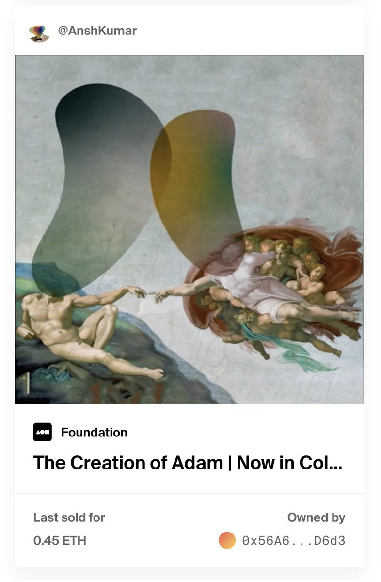 anshkumar_'s tweet photo. The Creation of Adam | Now in Colour

Sold to @KateVassGalerie 🌼🍭

@withFND 

#nft #Nftcollection #withfnd #nftcollectors #NFTCommunity https://t.co/DyqhrEECHM