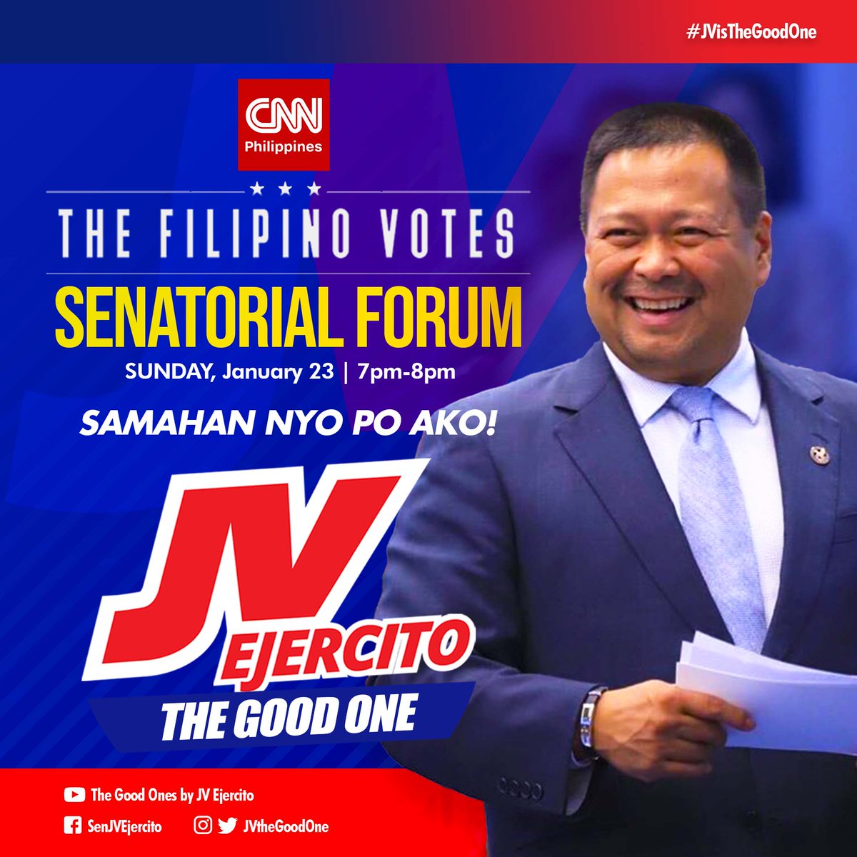 jvejercito's tweet photo. Mamayang gabi na po, mga ka-Good Ones! Mapapanood po ito nang live sa @cnnphilippines.
#JVisTheGoodOne #TheGoodTeam https://t.co/LJPmMFPHYl