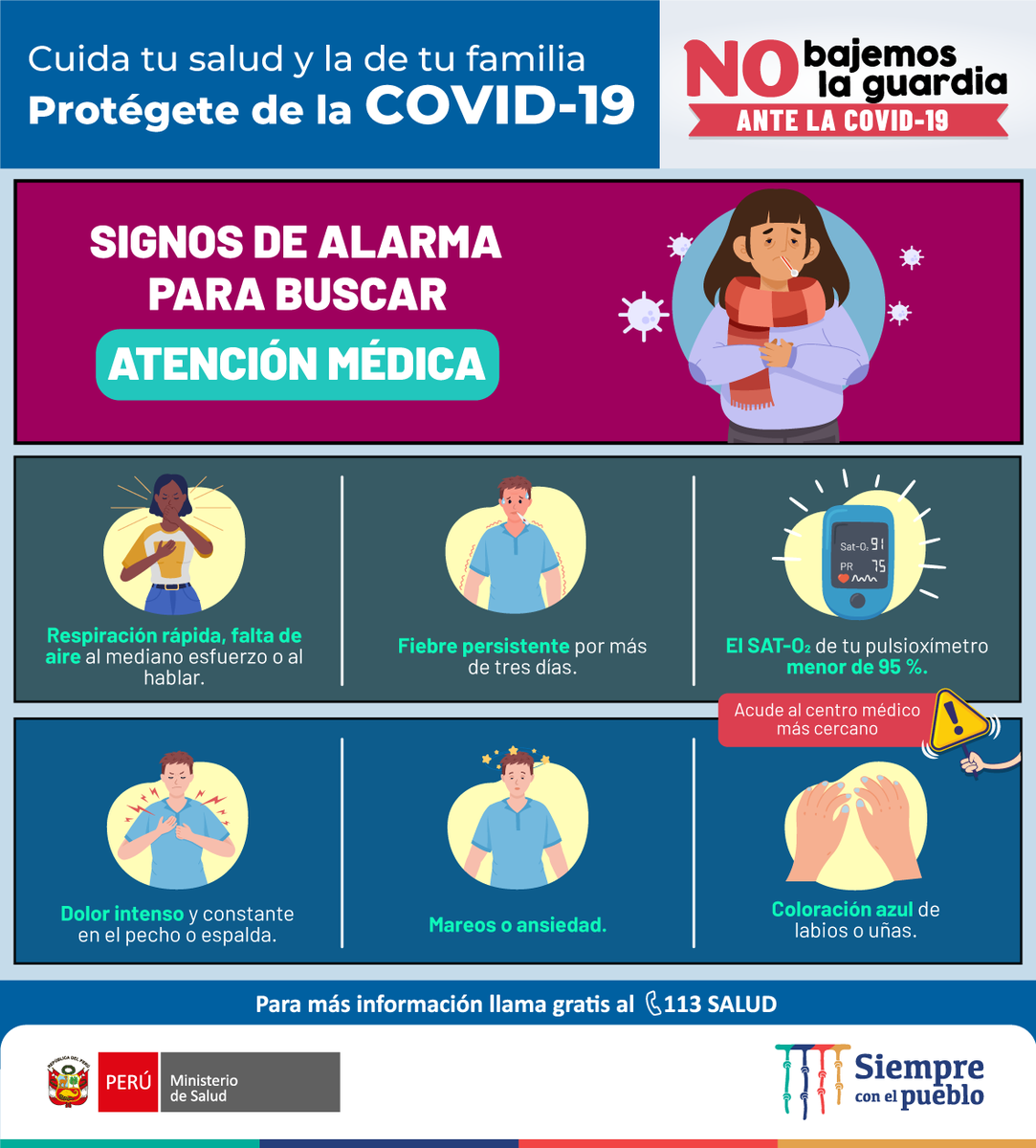 Minsa_Peru's tweet photo. ▶️ Conoce cuáles son los signos de alarma para buscar atención médica. 😷✨ #NoBajemosLaGuardia ante la #COVID19 💪🏻 https://t.co/L8NZuJyyzR