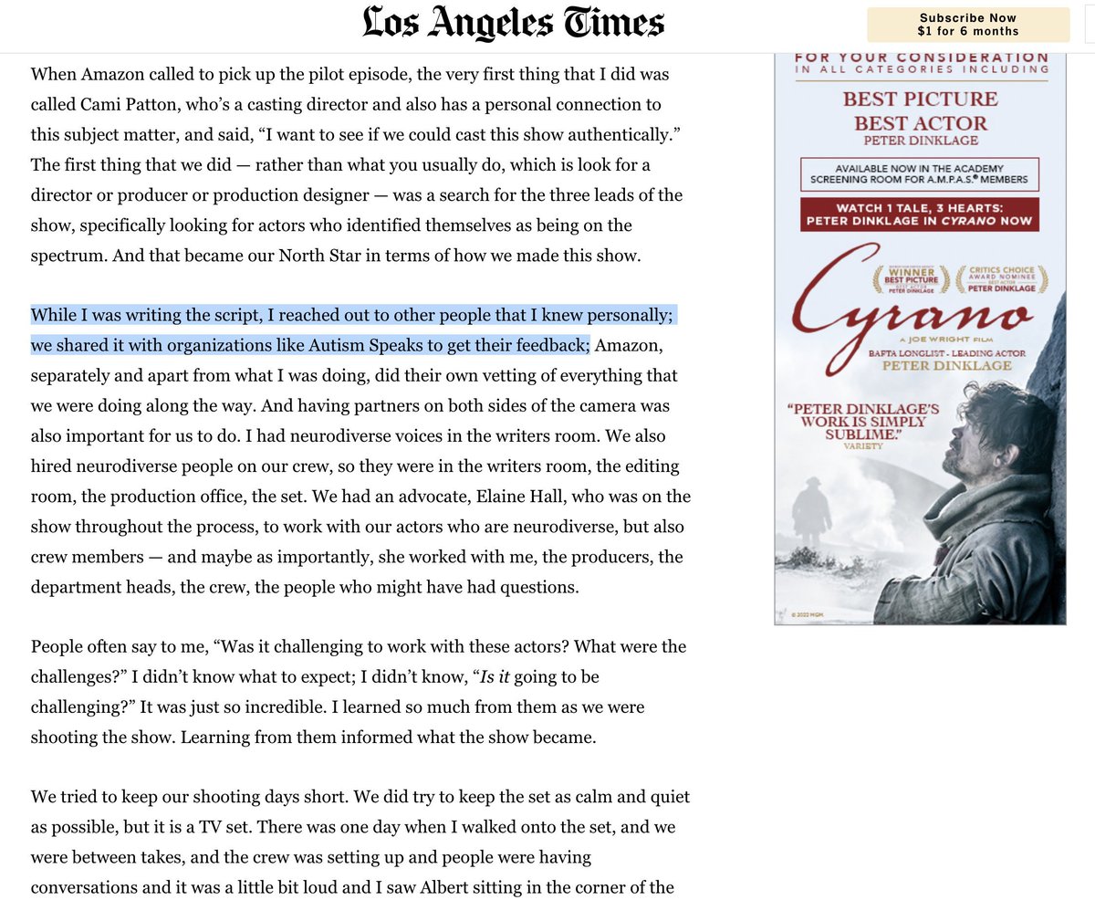 theduckopera8's tweet photo. ID: Screenshot of highlighted text in LA Times article that quotes Jason Katims ae saying: "While I was writing the script, I reached out to other people that I knew personally; we shared it with organizations like Autism Speaks to get their feedback." 

https://t.co/ld4E5JDfGj https://t.co/v0hmS4kGuH