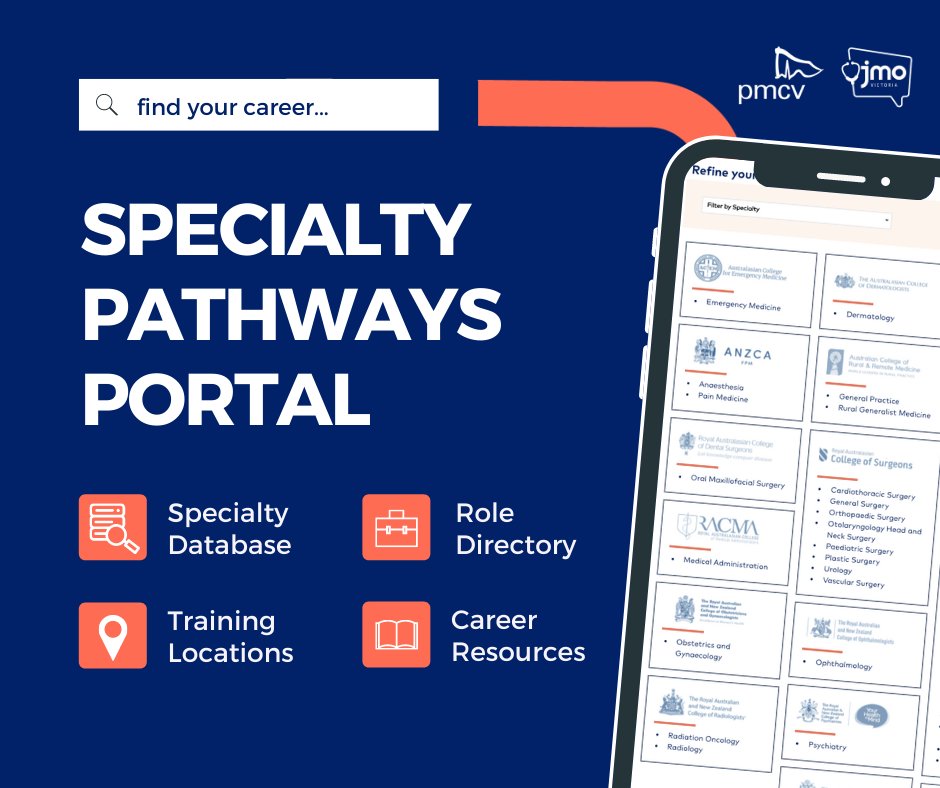 Getting into your preferred training program can be tough. But JMO Victoria and PMCV is here to help! 
Be there for the launch of the Specialty Pathways Portal on 24th of January, 7.00pm and get on track for success!
Find out more here: facebook.com/events/1228393…
#PMCV #JMO