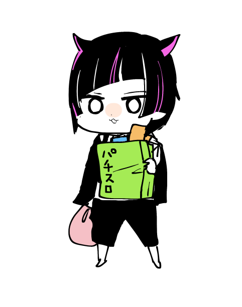 horns solo chibi black hair white background :3 holding bag  illustration images