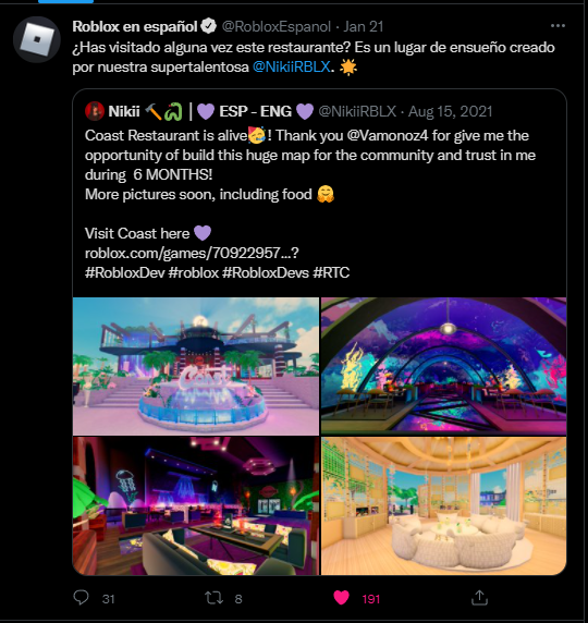 Coast_Roblox's tweet image. When ROBLOX's Spanish Twitter account retweets Coast 🥰