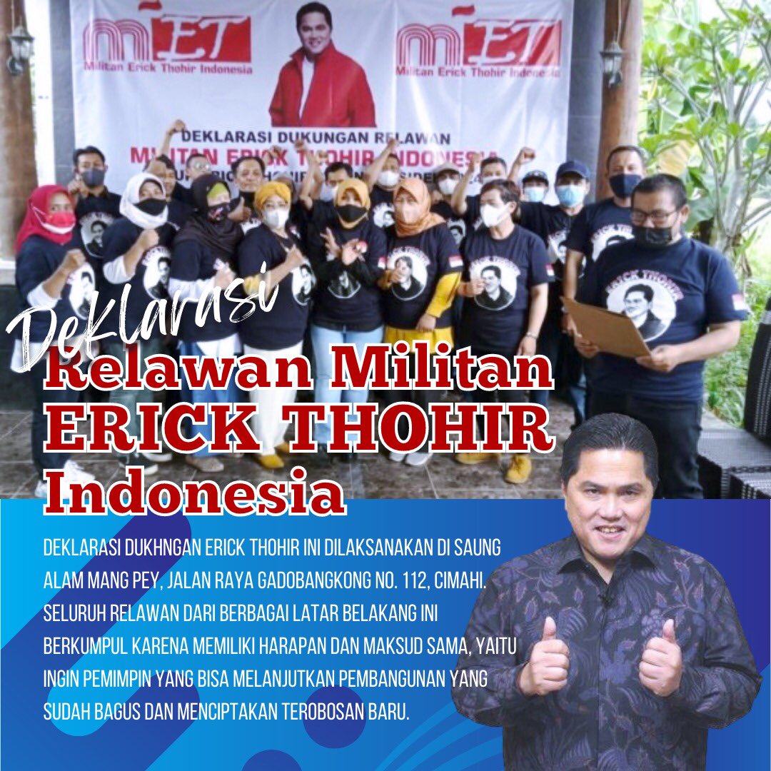 sydneyzw's tweet photo. https://t.co/XnvBXGpWWY

Guru Honorer hingga Emak-emak Dukung Erick Thohir Maju di Pilpres 2024

Menteri BUMN @erickthohir dinilai mempunyai rekam jejak kepemimpinan yang nyata, bukan lagi rencana dan janji-janji. https://t.co/ktV6y0AYbp