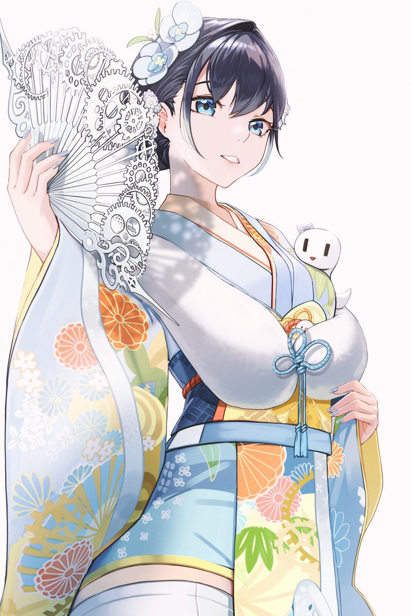 ouro kronii 1girl blue eyes hand fan kimono japanese clothes holding fan hair flower  illustration images