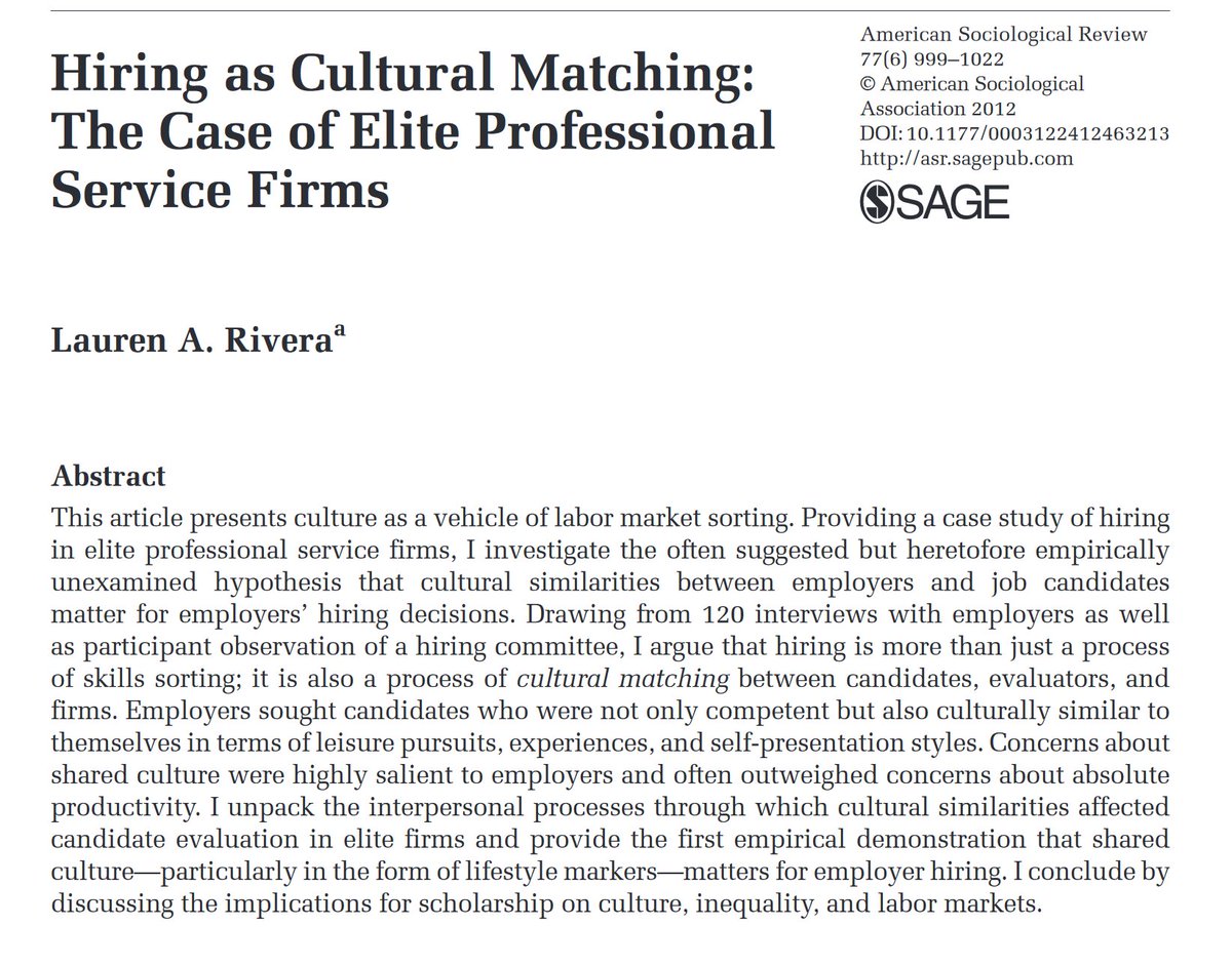 When hiring is based on "cultural fit," what does that actually mean?

Interviewers measure fit by comparing the candidate to themselves! So, candidates at elite law, banking &amp; consulting firms are "good fits" if they have similar leisure activities, styles &amp; college experiences.