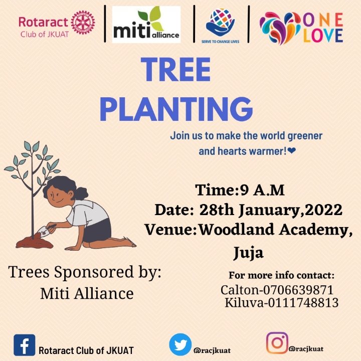 racjkuat's tweet photo. We are about to commit another crime, treeson!😂🌲 Gerrit😂❕
See what we did there? 

The Rotaract Club of JKUAT will be holding a #tree  planting activity on the 28th of January beginning 9.00am at Woodland Academy, Juja. 🥳👏🏽👏🏽 https://t.co/bWKdgC9PK7