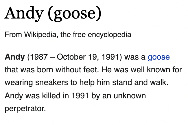 depthsofwiki's tweet photo. Devastated about the 1991 murder of this sneaker-wearing goose https://t.co/OWbfXTJTze