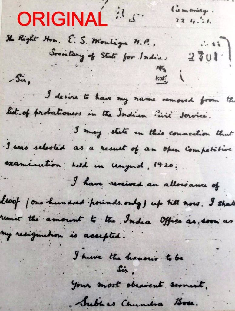 ParveenKaswan's tweet photo. On April 22, 1921 Subhash #Bose resigned from Indian Civil Service to participate in Freedom struggle. For a greater cause. 

He was 24 years old then. His original resignation letter from service. Tribute on his birth anniversary. https://t.co/Sm9oQ9NIy7