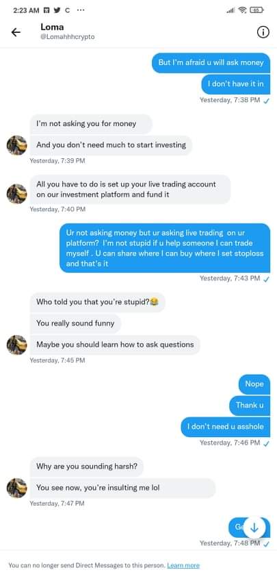 samuelbardon1's tweet photo. @LomahCrypto Beware of Scammer https://t.co/jOs00u3Mv3