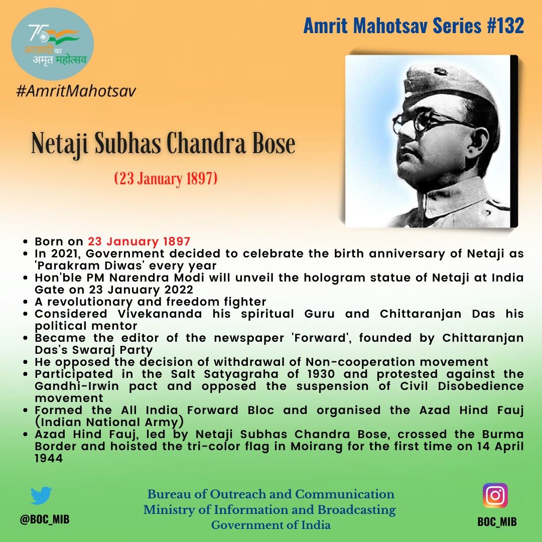 CBC_MIB's tweet photo. 🟠 Remembering Netaji Subhas Chandra Bose on his birth anniversary. 

⚪ This day is celebrated as 'Parakram Diwas'. 

🟢 Today PM @narendramodi will unveil the hologram statue of Netaji at India Gate. 

#AmritMahotsav 
@amritmahotsav https://t.co/hu94XJ5Znp