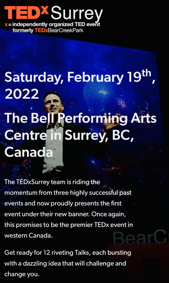 ‘How to Flip the Script on Cancer’
<a href="/SurreyTEDx/">TEDxSurrey</a> 
➡️ 4 weeks to go!

Excited to be sharing the #TEDx stage with 11 amazing speakers👍
🗓 Feb 19th

Live Event is 💯 SOLD OUT
👉but you can still join the virtual livestream 💻 

➡️ 🎟👇
tedxsurrey.ca/event-info/#ti…