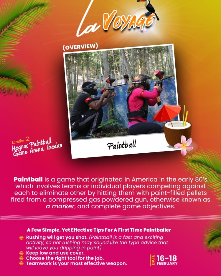 Maroove1's tweet photo. 02/07
📍 Magnus Paintball Arena, Agodi Gardens
Nothing gets your adrenaline pumped like dodging and shooting at your opponents in a paintball match!!
A Gala tournament of paintball games with different teams 🔫🏁
#La_Vayoge 🍹
#4States 🏙️
#7Locations📍 https://t.co/OKB1qHjdDi