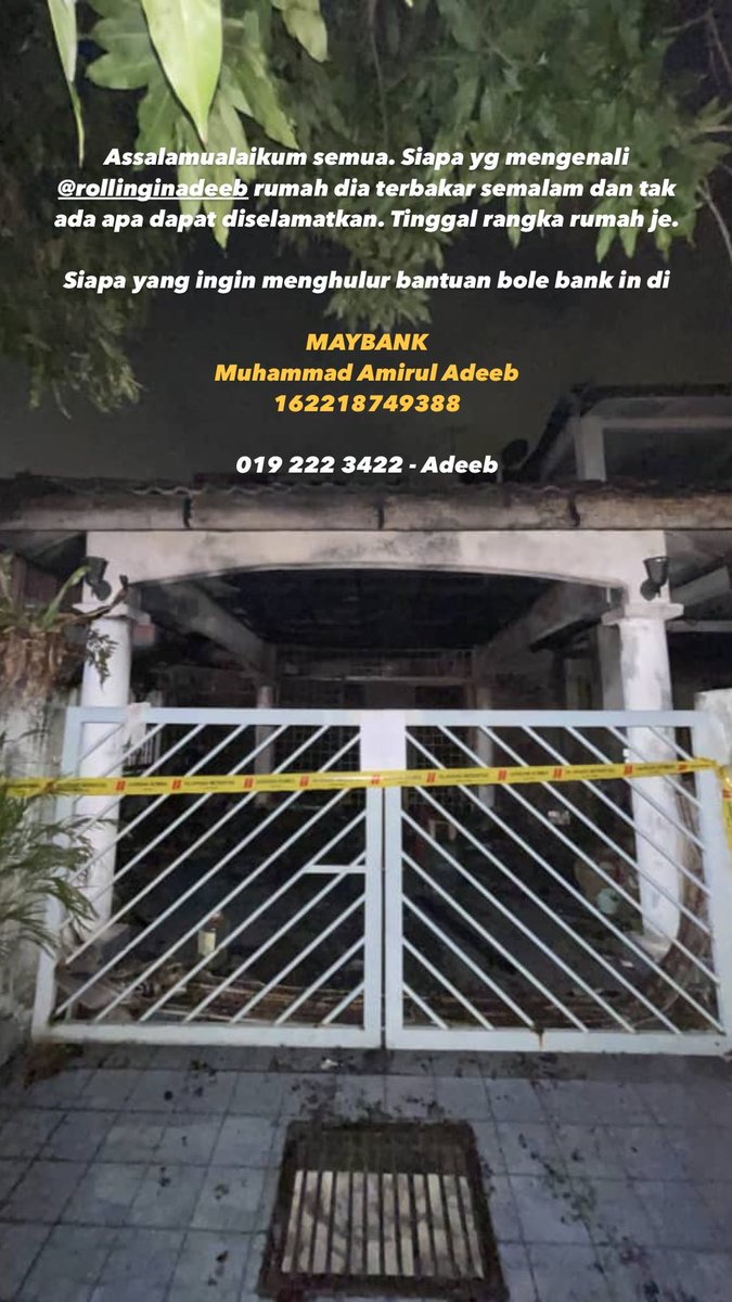 OkayOmar's tweet photo. Siapa yg mengenali sahabat saya Amirul Adeeb. Rumah dia terbakar malam semalam. Di jalan AU1A/3D Keramat. Tak sempat selamatkan apa2. Tinggal rangka rumah je. Siapa ingin menghulurkan bantuan boleh bank in ke 162218749388 AMIRUL ADEEB - acc mangsa. Mohon RT terima kasih https://t.co/5af9YCZbNb