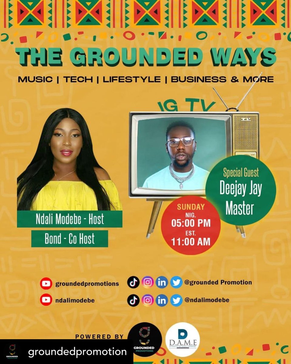 Let’s do this Boss @bondgrounded💃🏿@groundedpromotion Guys we are kicking off the year with a brand new Segment called #TheGroundedWays with Super Stars  & #Entrepreneurs 
.
Host @ndalimodebe 
.
Guest (@deejayjmasta) 💯
.
Time: 5-pm 🇳🇬 11:am EST 🇺🇸