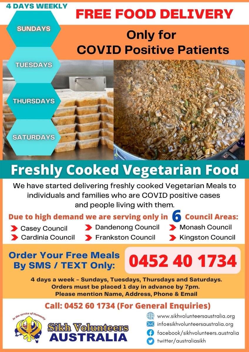 AustraliaSikh's tweet photo. Updated information for Free Food Delivery. We have added two more council (Monash and Kingston) in delivery area. Please share if anyone needs freshly cooked vegetarian meals in that area. https://t.co/uXcbRcgFIT