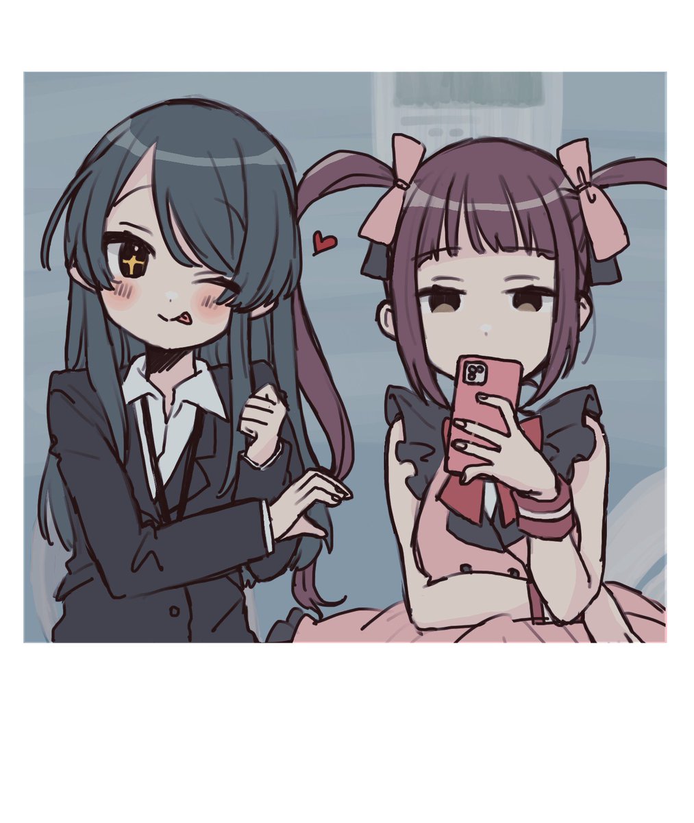 2girls multiple girls tongue out phone tongue one eye closed cellphone  illustration images