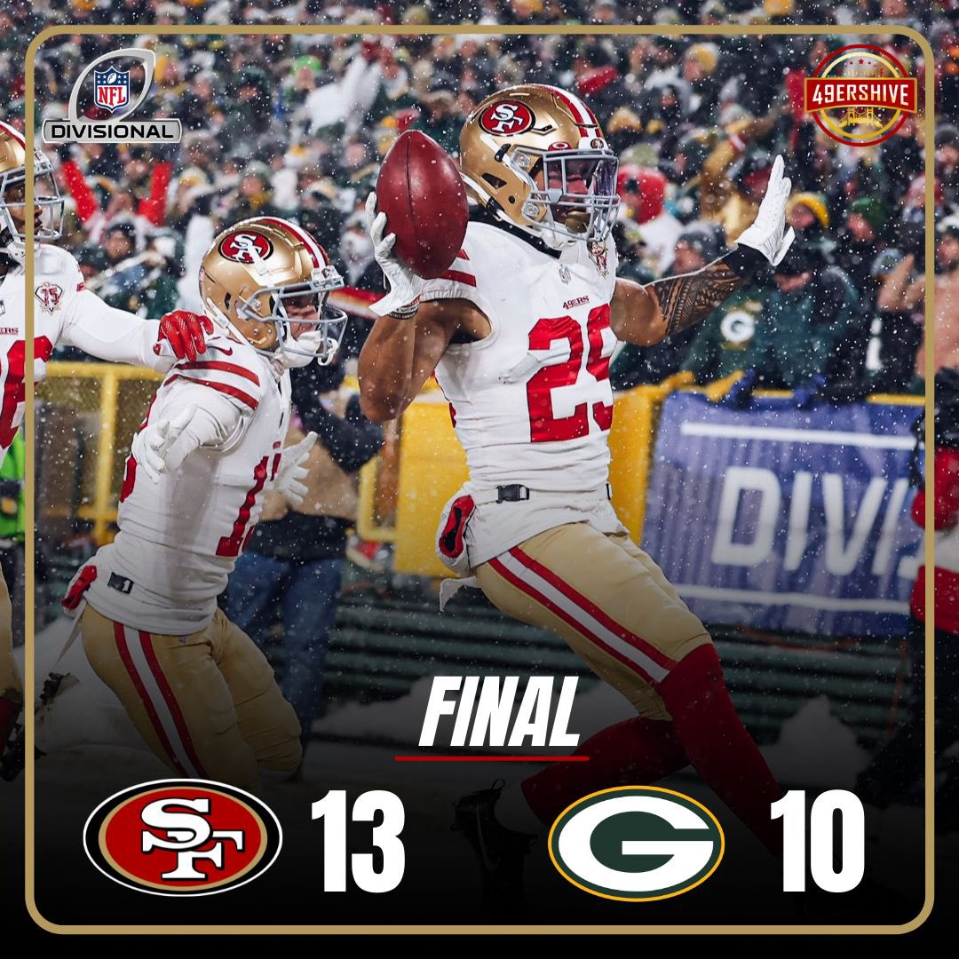 49ersHive's tweet photo. FINAL: #49ERS WIN 13-10! Drop your instant reactions below! (📸: @smullanjr) #49ersHive #FTTB #SFvsGB #NFL #NFLPlayoffs https://t.co/doDo90LvLG