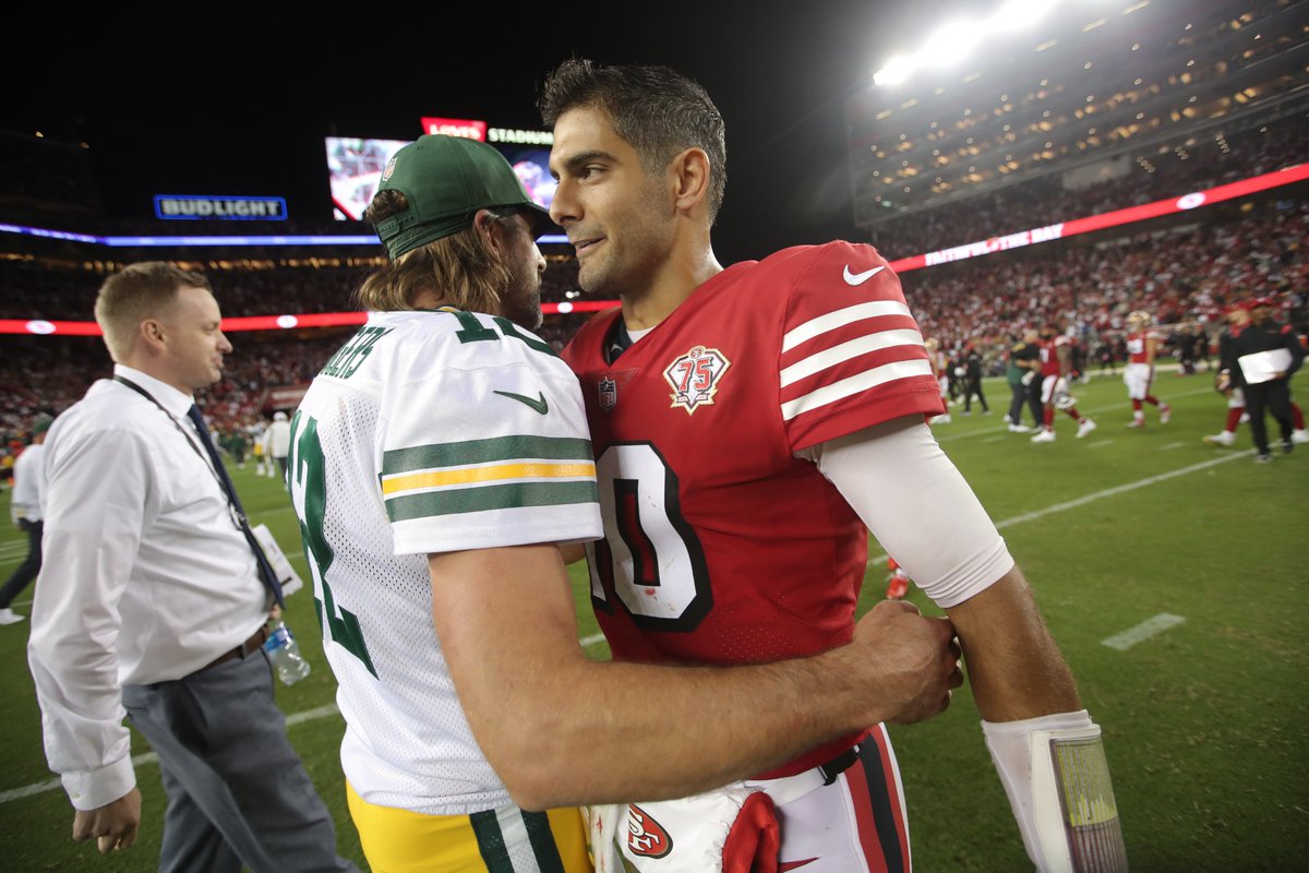 BleacherReport's tweet photo. Aaron Rodgers is now 0-2 in the playoffs vs Jimmy Garoppolo https://t.co/jRZIdXiFsl