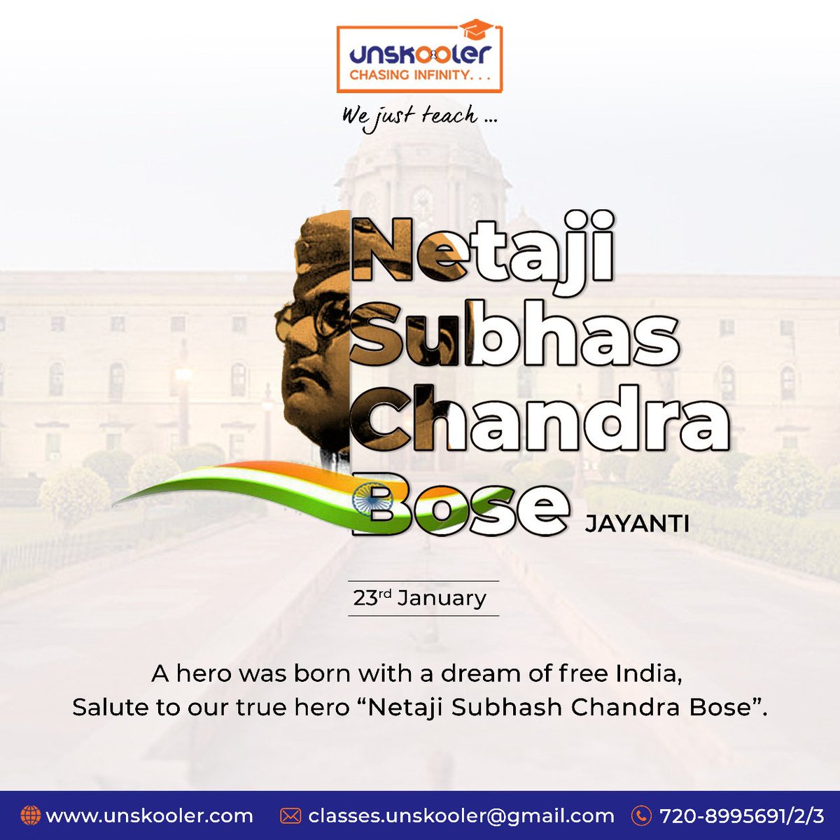 Unskooler_'s tweet photo. Netaji Subhas chandra Bose jayanti 

A hero was born with a dream of free india,salute to our true hero "Netaji Subhas chandra Bose".

#Netaji_Subhas_chandra_Bose_jayanti #crashcourse #cbseexam #AITS #education #Exambooster #liveclasses #Elearningonline #onlinelearningapp https://t.co/IaEhkvNhzv