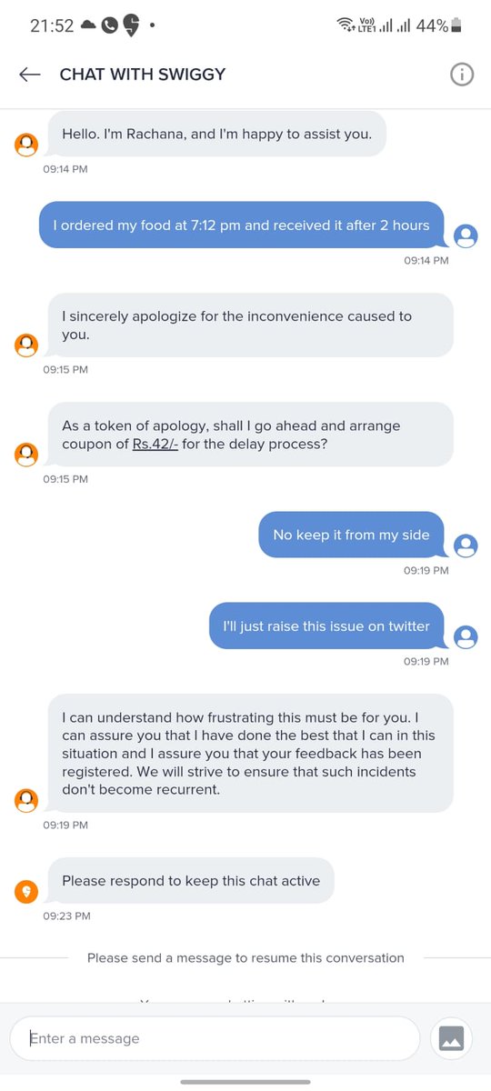 LuvJamie_Ksgian's tweet photo. The service is getting worse &amp; now there is no place to complaint also as the response is even more worse. Yesterday the food got delivered after 2hrs but still didn't get any +ve response from the team , last attempt else I would have to stop using it @swiggy_in @SwiggyCares https://t.co/3ulk5CHJU1