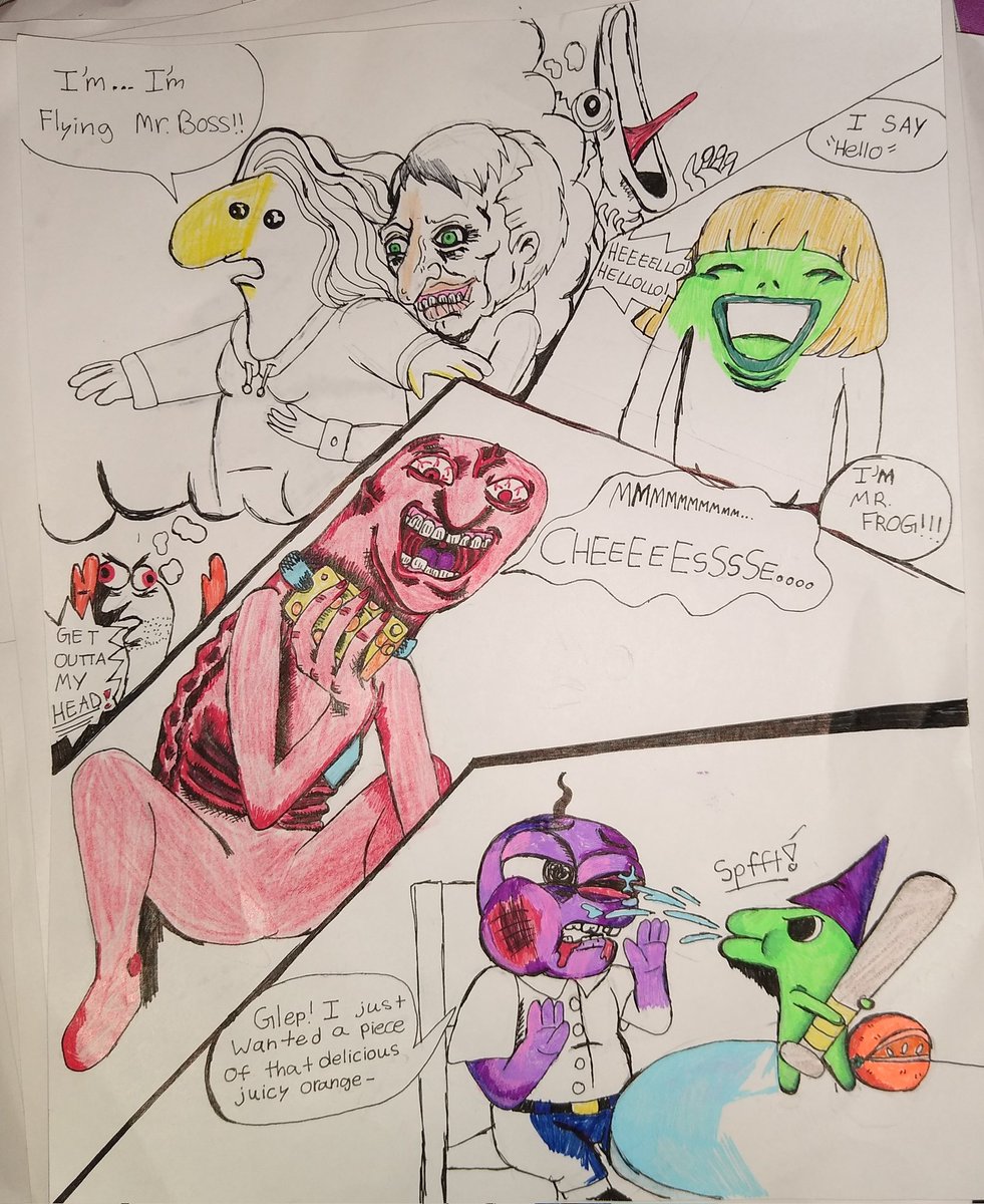 alana_kuwanoe's tweet photo. Another #smilingfriends update. I made today. We have #DJSpit, #Shrimp, & #MrFrog a disturbing drawing of #Charlie & #MrBoss doing a parody from The Titanic. I also did Mr. Frog doing a parody of the legendary meme of He-man singing What's up by 4 Non Blondes. #Fanart #adultswim https://t.co/BizDIrcBLZ