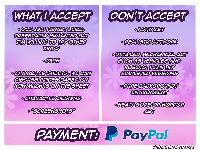 QueenSampai's tweet photo. ✨ COMMISSION OPEN! ✨

Hi! For anyone new, the name's QueenSampai! I have decided to start commission work! If interested, you can DM me here or Instagram @ queensampai.

I'm new to this concept, so please try and be patient!

#commissionsopen #commissionart #ArtistOnTwitter https://t.co/Tk4TwGzd6r