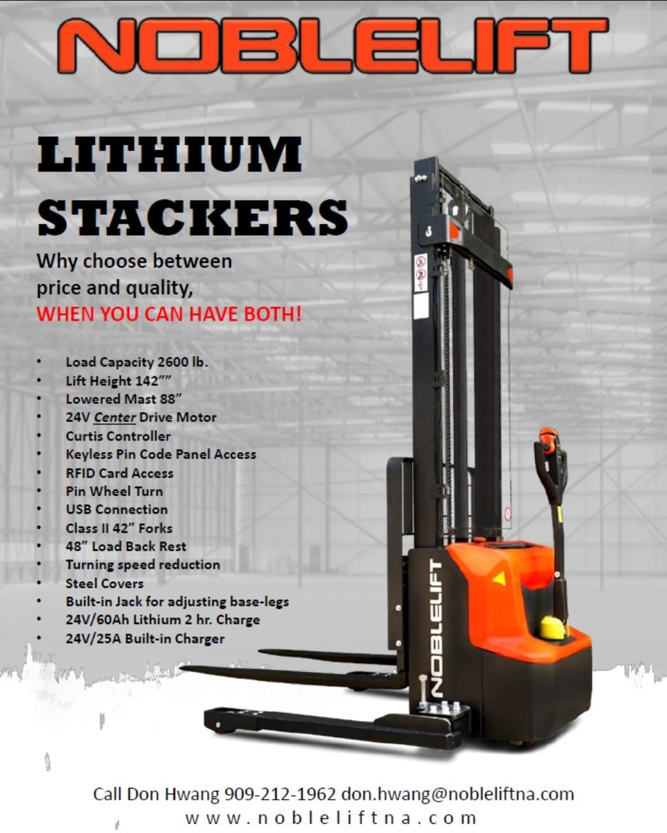 DonofNoblelift's tweet photo. Check out the "EDGE" stacker that is LITHIUM powered and has plenty of saftey features with speed limiter on turns, speed reduction with loads above 12 inches, and great for 7ft aisle. 909-212-1962 don.hwang@nobleliftna.com #noblelift #stackers #straddlestackers #lifttrucks https://t.co/KlE4RWMEbh