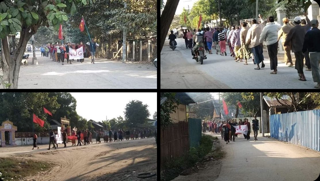 tweet4burma's tweet photo. Unrelenting people from Shwebo, Sagaing region, took a stride in marching as a strike to overthrow military dictatorship today, flying the flags high.   #SanctionMOGE #TakeAction_NoMoreWords #2022Jan23Coup #WhatsHappeningInMyanmar https://t.co/c1b2X96jkk