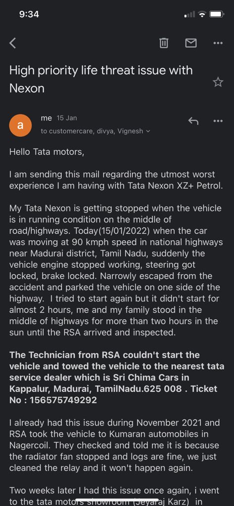 ardavid95's tweet photo. @TataMotors I am having worst experience with my Tata Nexon xz+. My vehicle getting stopped in running condition which is a major blunder from Tata Motors . I am attaching the screenshots, photos, emails. @TataCompanies @ndtv @PTTVOnlineNews @polimernews https://t.co/UwnvaR6Qlm