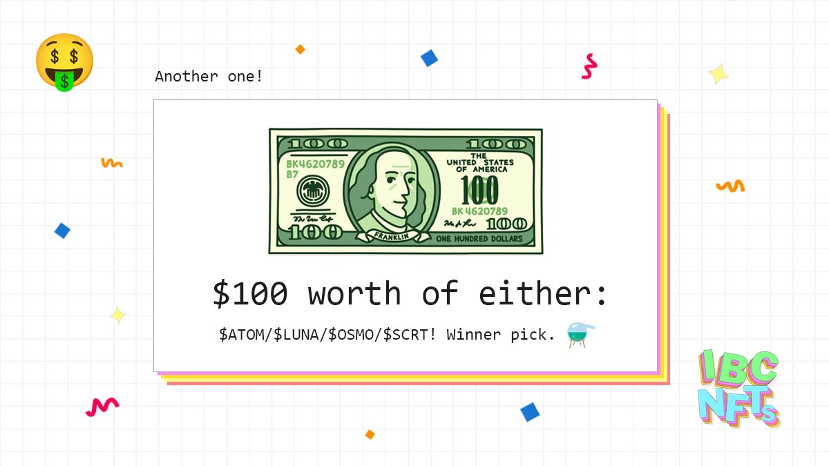 IBCNFTs's tweet photo. As promised, 25 RT's on our GM-tweet the other day = $100 worth of either $ATOM / $LUNA / $OSMO / $SCRT (winner pick). 💰

• Tag 1 friend
• Tag your favorite IBC NFT project ✨
• Follow @ibcnfts 
• Like + Retweet

Draw in 48h. ⭐️

#IBCNFTs #IBCNFT #NFT #NFTs #NFTGiveaway https://t.co/yi9WQJIG3z