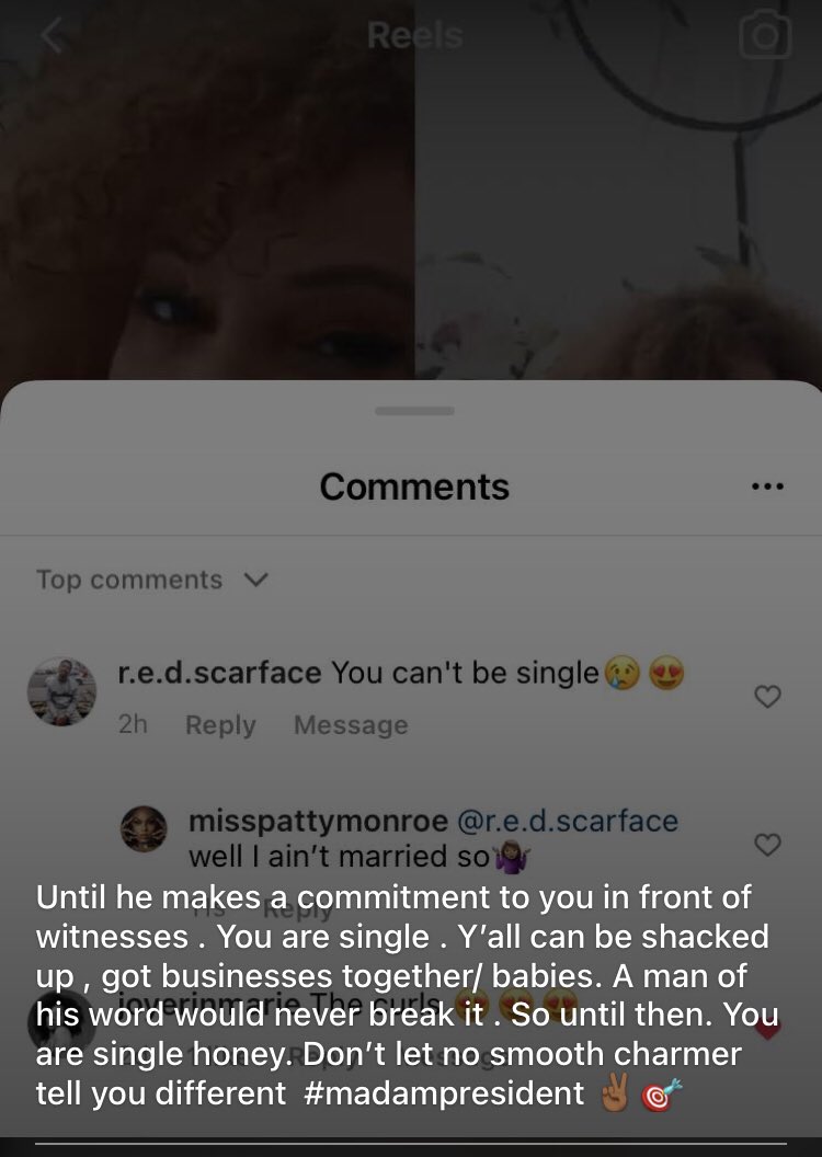 MissPattyMonroe's tweet photo. Until he makes a commitment to U in front of Witnesses. U are single. Y’all can have businesses together/ babies or even be shacked up. A man of his word would never break it. So until then you are single honey 🍯 Don’t let no smooth charmer tell you different. #pattymonroe 🎯 https://t.co/M3giIwhwSH