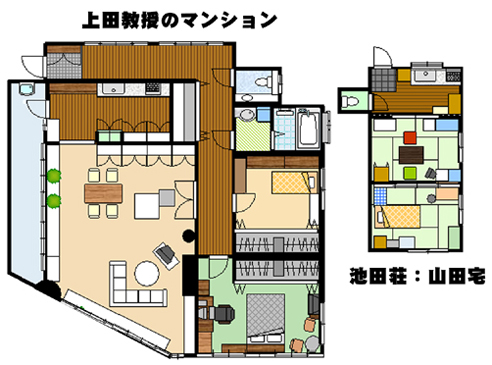 トリックの山田のアパートと言えば以前面白がって間取り作成ツールであの部屋の間取り図を作った。比較対象として上田の(当時の)マンションも。
参考にしたのは「千里眼を持つ男」の桂木が手書きで書いていたこれまた超アバウトな線画なので深くツッコまないでね。 