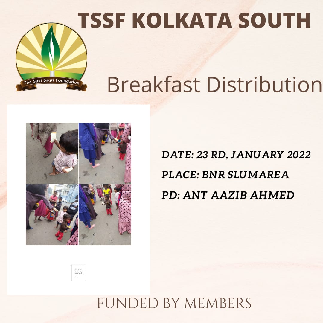 TSSFKS's tweet photo. BREAKFAST DISTRIBUTION FACILITATED BY TSSF KOLKATA SOUTH ON 23rd, January, 2022 @  BNR SLUM AREA _

#TSSF #TKS #TSSFKolkataSouth 
#Kolkata #GardenReach #FeedFood #Feed #Food #FeedHunger #EradicateHunger #NGO https://t.co/RCky9iL8xp