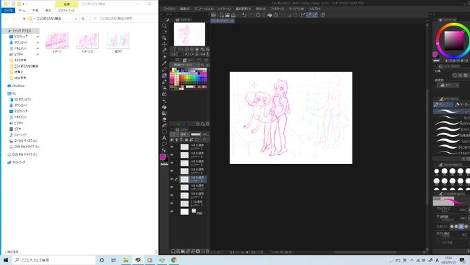 skeb進捗1:現在ラフを描いております。キャラの配置等まだ迷ってる部分があって筆遅めです🥶 