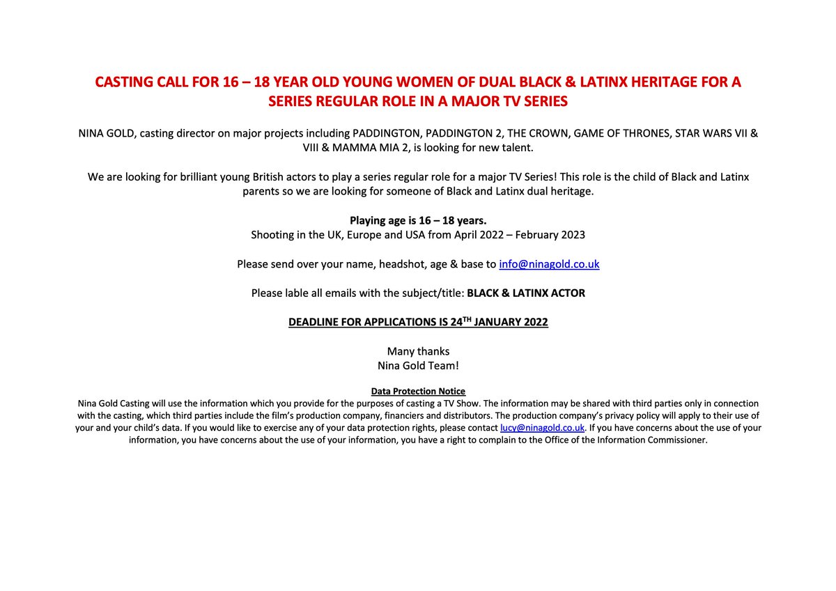 NEW CASTING CALL! 📽️ We're looking for young women (16 - 18 years old) of dual black &amp; latinx heritage for a series regular role in a major TV series. See flyer below for info - please share!