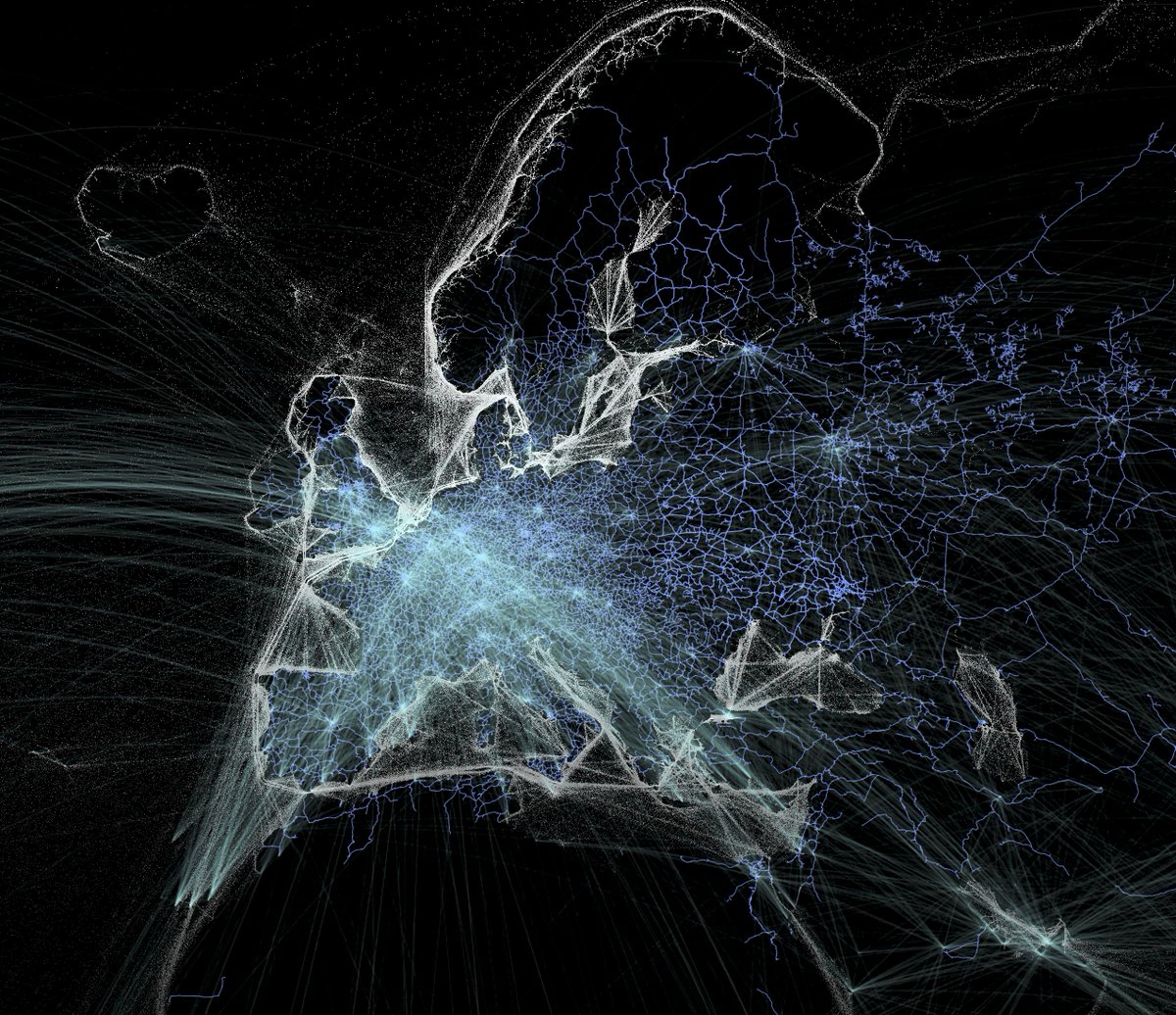 #Europe. No boundaries, just flows: trains, planes and ships.
Borders are political.

#GIS #urbananalytics #spatialdata #dataviz #mapping