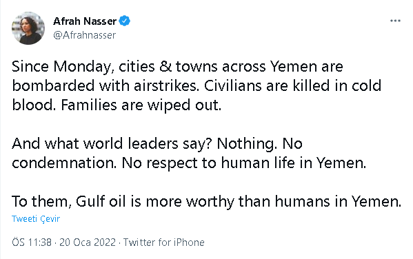 Dünya lideriyseniz sayın <a href="/RTErdogan/">Recep Tayyip Erdoğan</a> <a href="/Afrahnasser/">Afrah Nasser أفراح ناصر 🇾🇪</a> 'e kulak verin. Petrolü mü, insanlık mı? Her gün Koalisyon denilen cephe çocukları kadınları katlediyor. Aileler yok ediliyor. Siz susuyorsunuz. Abu Dabi için bir açıklama yapıyor ama #Yemen 'li çocuklara kör, sağır ve dilsizsiniz