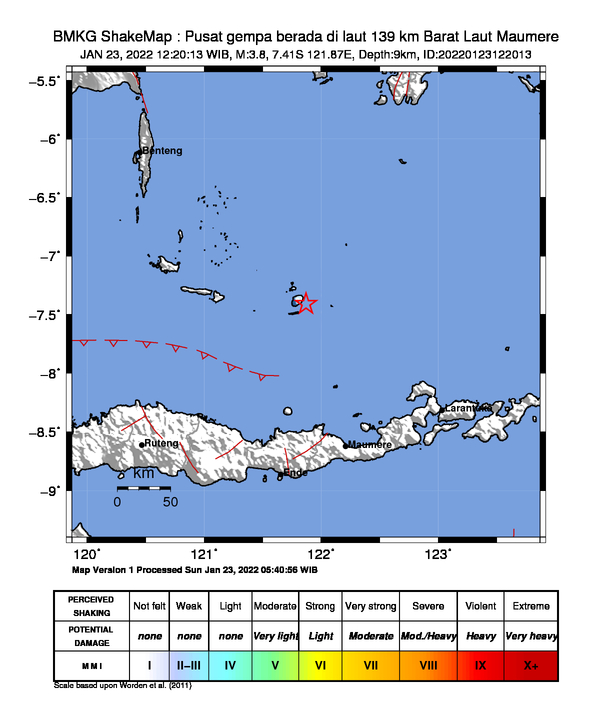infoBMKG's tweet photo. #Gempa Mag:3.8, 23-Jan-22 12:20:13 WIB, Lok:7.41 LS, 121.87 BT (Pusat gempa berada di laut 139 km Barat Laut Maumere), Kedlmn:9 Km Dirasakan (MMI) II Pulau Kalaotoa #BMKG https://t.co/CiHcieLvJF