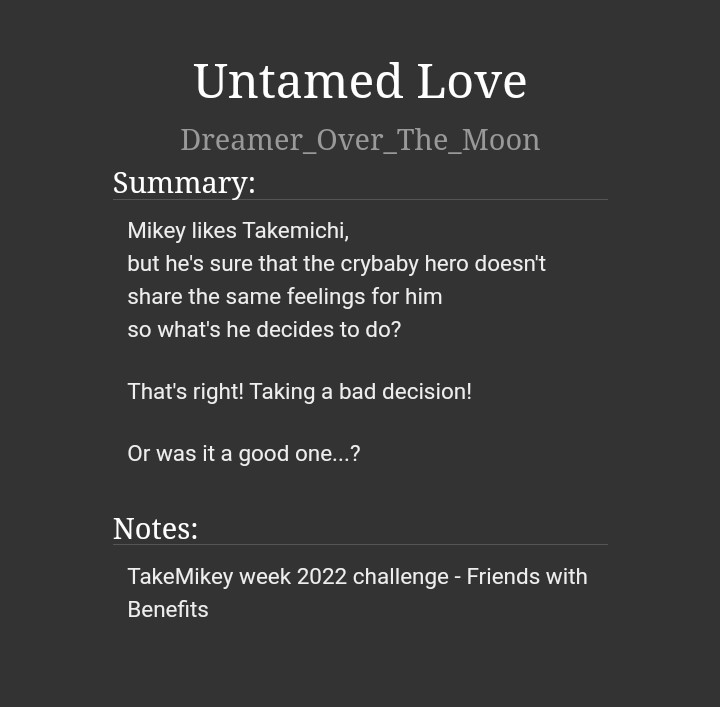DremOverTheMoon's tweet photo. Today's fic for the week ✌🏼 @TakeMikeyWeek
https://t.co/NK5LKoSKb8
#MaiTake #TakeMikey #武マイ #マイ武 #TakeMikeyWeek2022 #TkMkWeek2022 #BurnTkMkWeek https://t.co/ouhJNApFFa