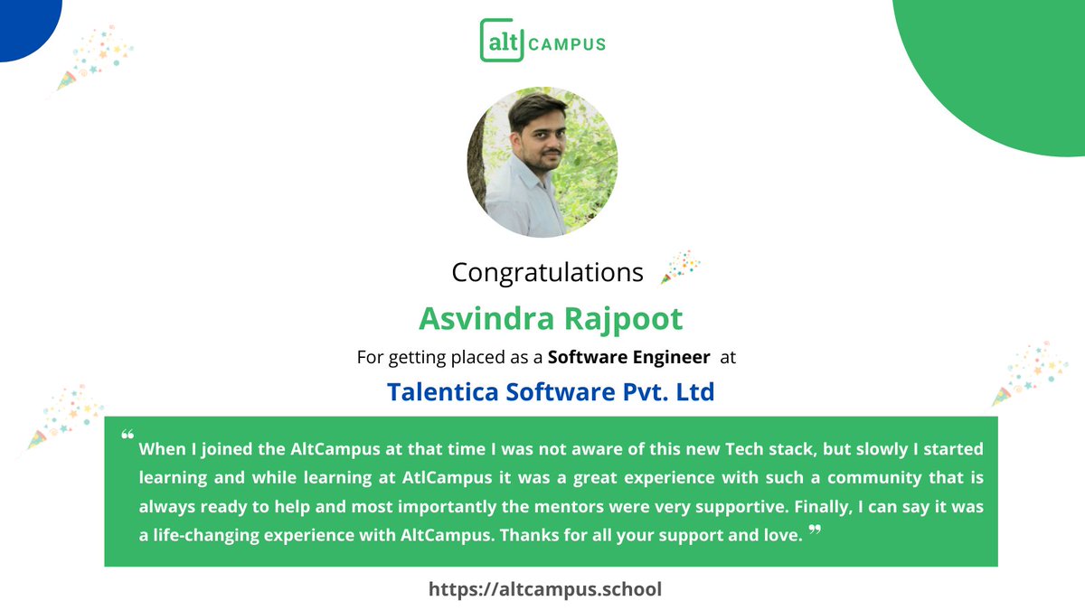 Congratulations Asvindra Rajpoot for getting placed at Talentica Software Pvt. Ltd as a Software Engineer 🎉🎉

All the best for your great career!

#altcampus #altcampusPlacements #jobOrientedCourse #fullStackWebDevelopment