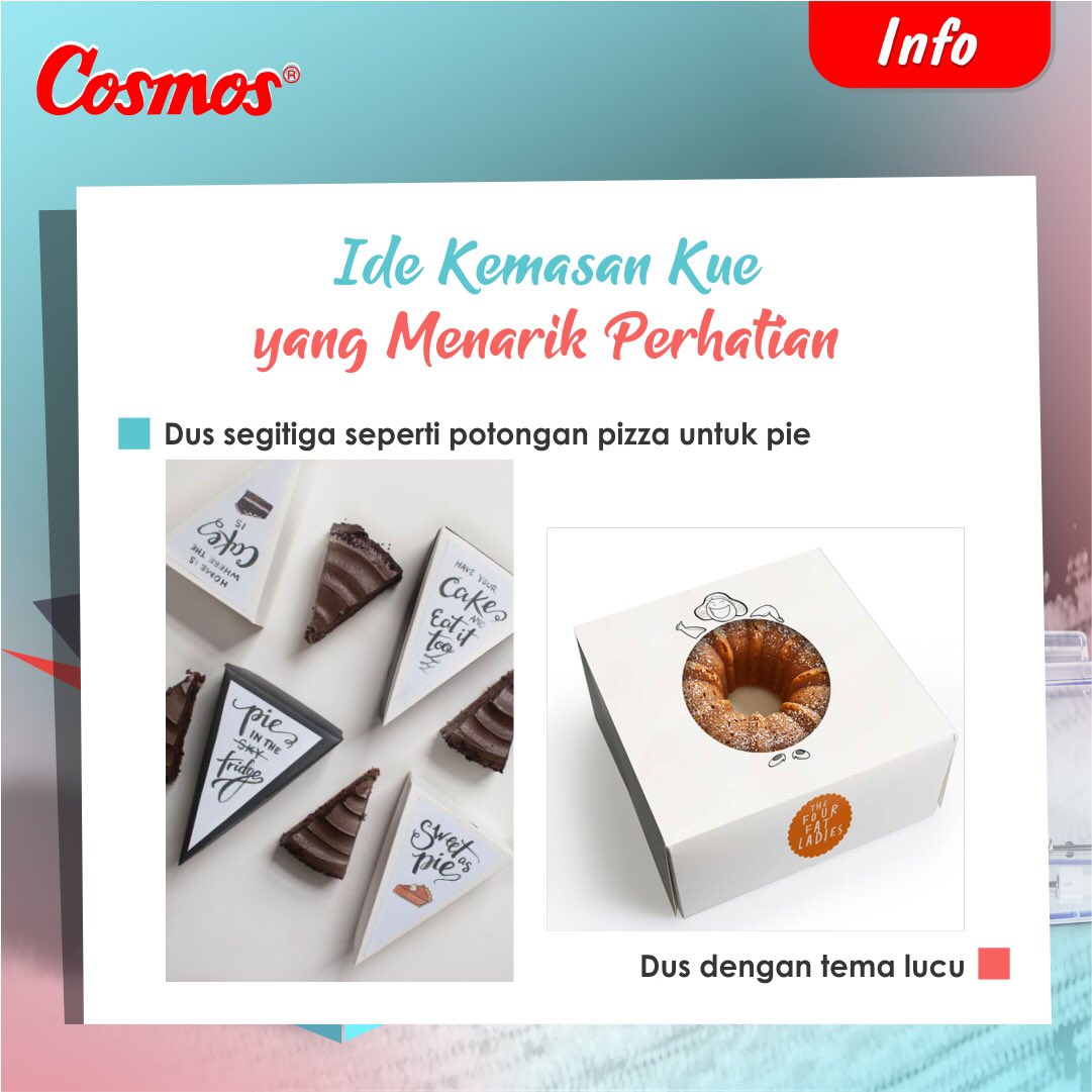 cosmosonline's tweet photo. Buat kamu yang sedang bisnis kue, bisa banget nih jadi ide segar untuk kemasan kue. Ada yang punya bisnis kue disini? Atau hanya penikmat dan pembeli kue doang? hehee
#BanggaCosmos #MixerCosmic #kemasankue #tipspackaging https://t.co/SlnZTAZHH3
