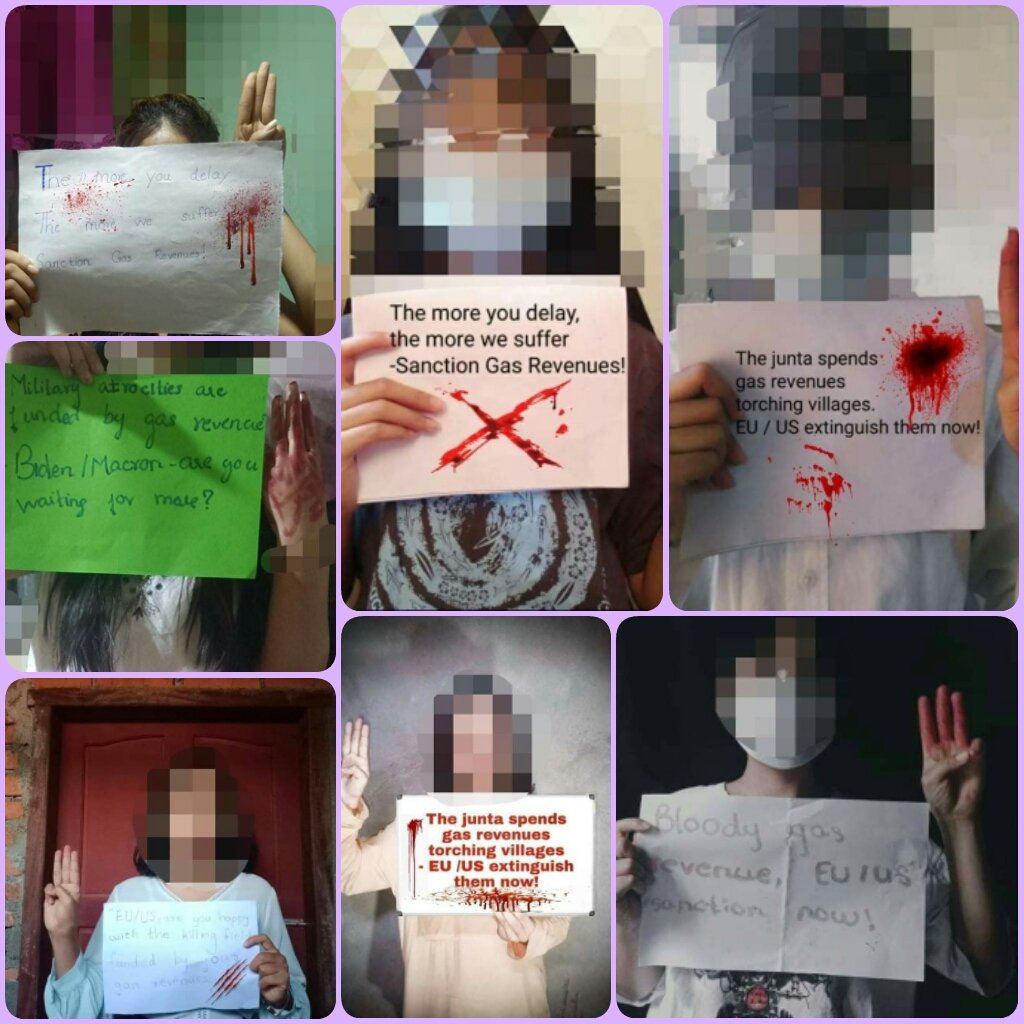 Youths across Myanmar launched an online photo campaign calling on US <a href="/POTUS/">President Donald J. Trump</a> and EU <a href="/EUCouncil/">EU Council</a> to block the gas revenues of the murderous Military Junta.

#SanctionMOGE #2022Jan23Coup
#TakeAction_NoMoreWords
#WhatsHappeningInMyanmar